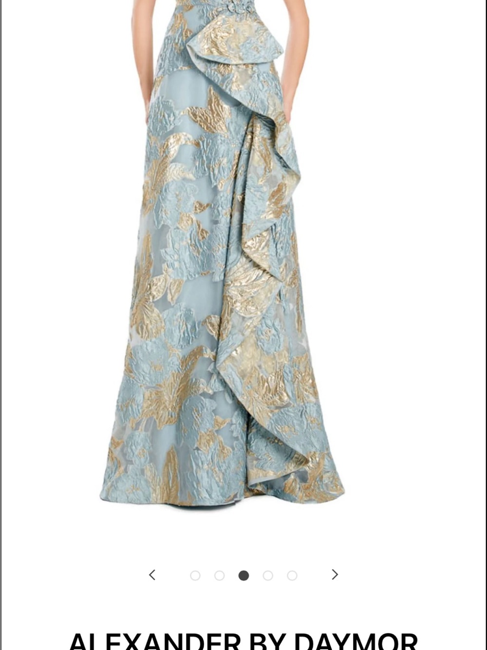 Alexander by Daymor Blue and Gold Jacquard Ruffle Evening Dress